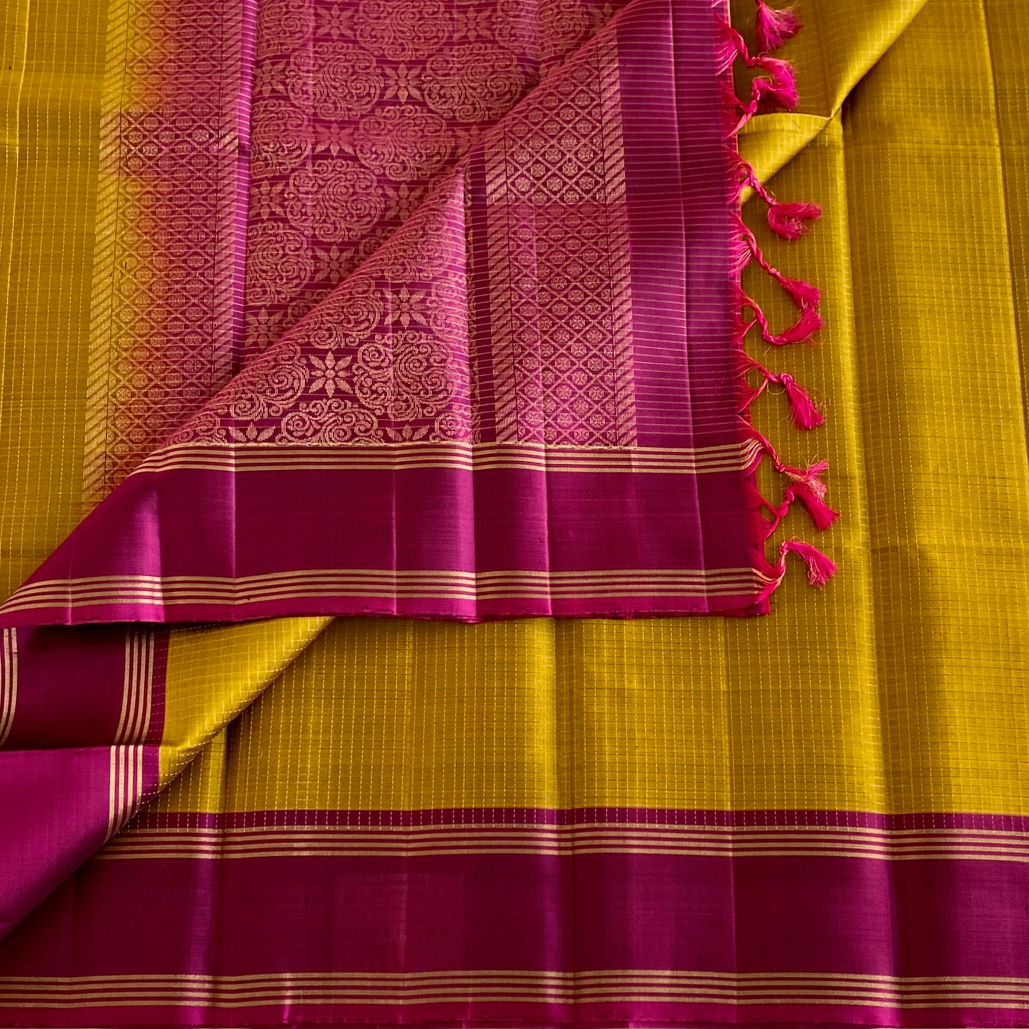 Mustard Yellow Designer Pure Silk Saree With Magenta Pallu