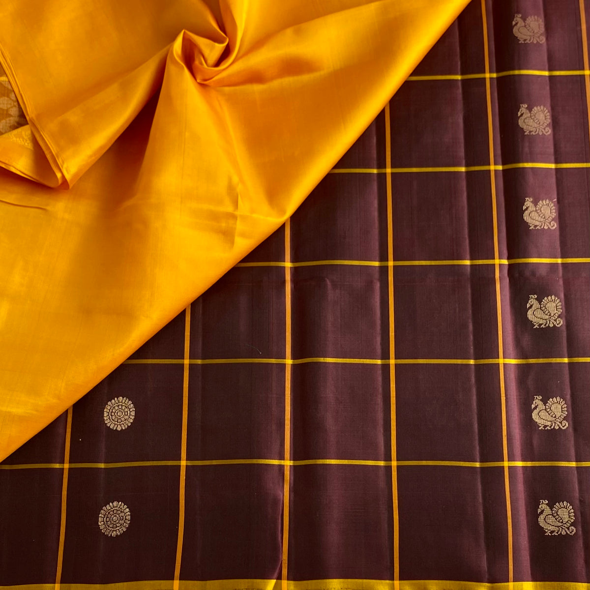 Deep Brown Plum Designer Pure Silk Saree With Mustard Yellow Pallu