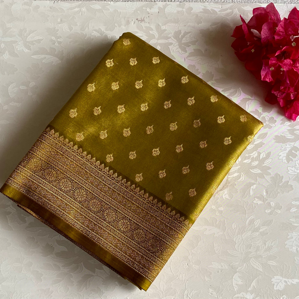 Olive Green Silk Saree Golden Zari Border Tassel Pallu