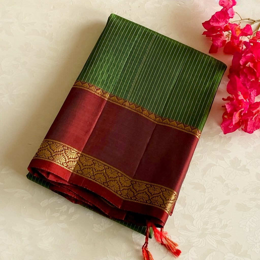 Maroon Silk Saree Gold Zari Border Green Striped Pleats