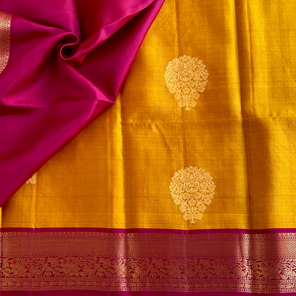Mustard Gold Handloom Designer Pure Silk Saree With Raspberry Pink Pallu