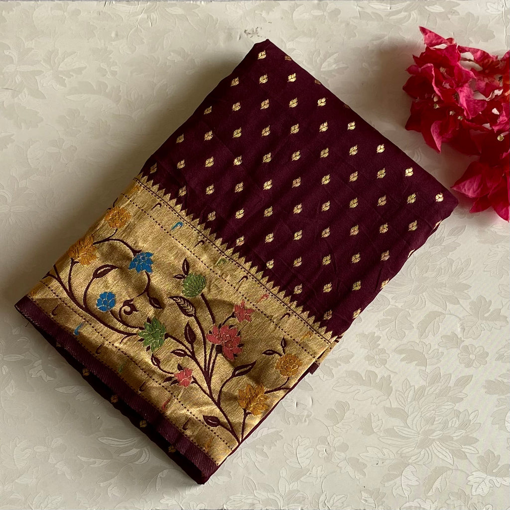 Deep Chocolate Wine Soft Crepe Silk Saree With Antique Gold Pallu Floral Border