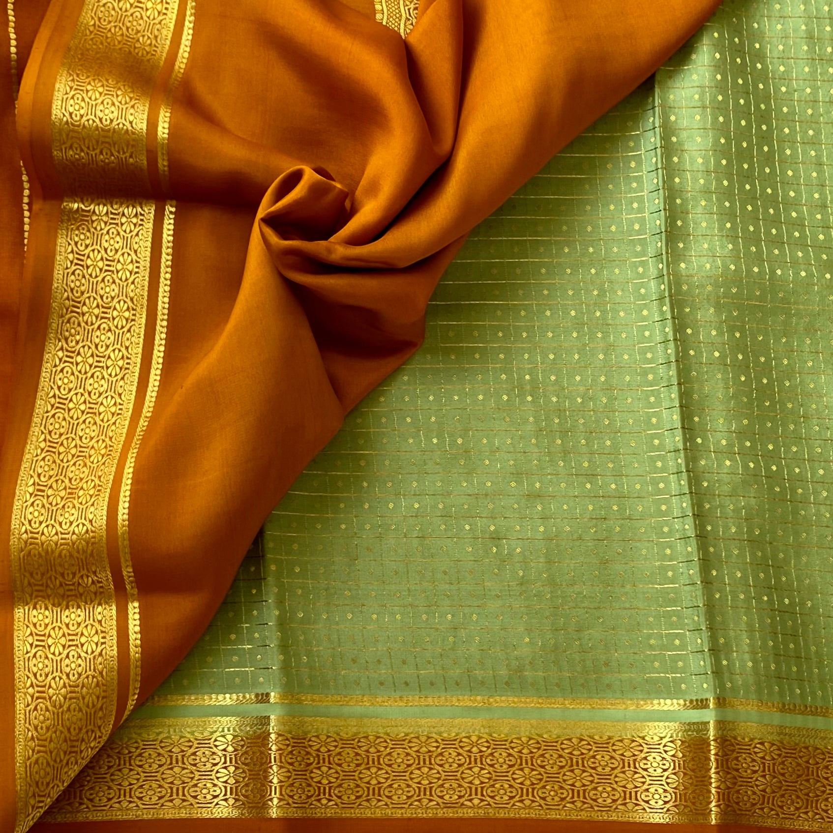 Pistachio Green Saree Gold Dot Grid Amber Orange Border Festive
