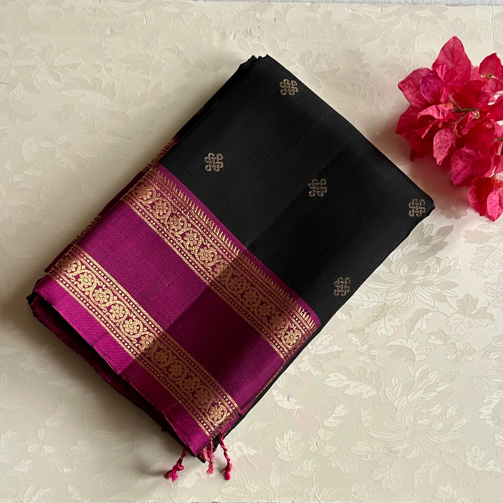 Stunner Black with magenta retta petta borders designer pure silk