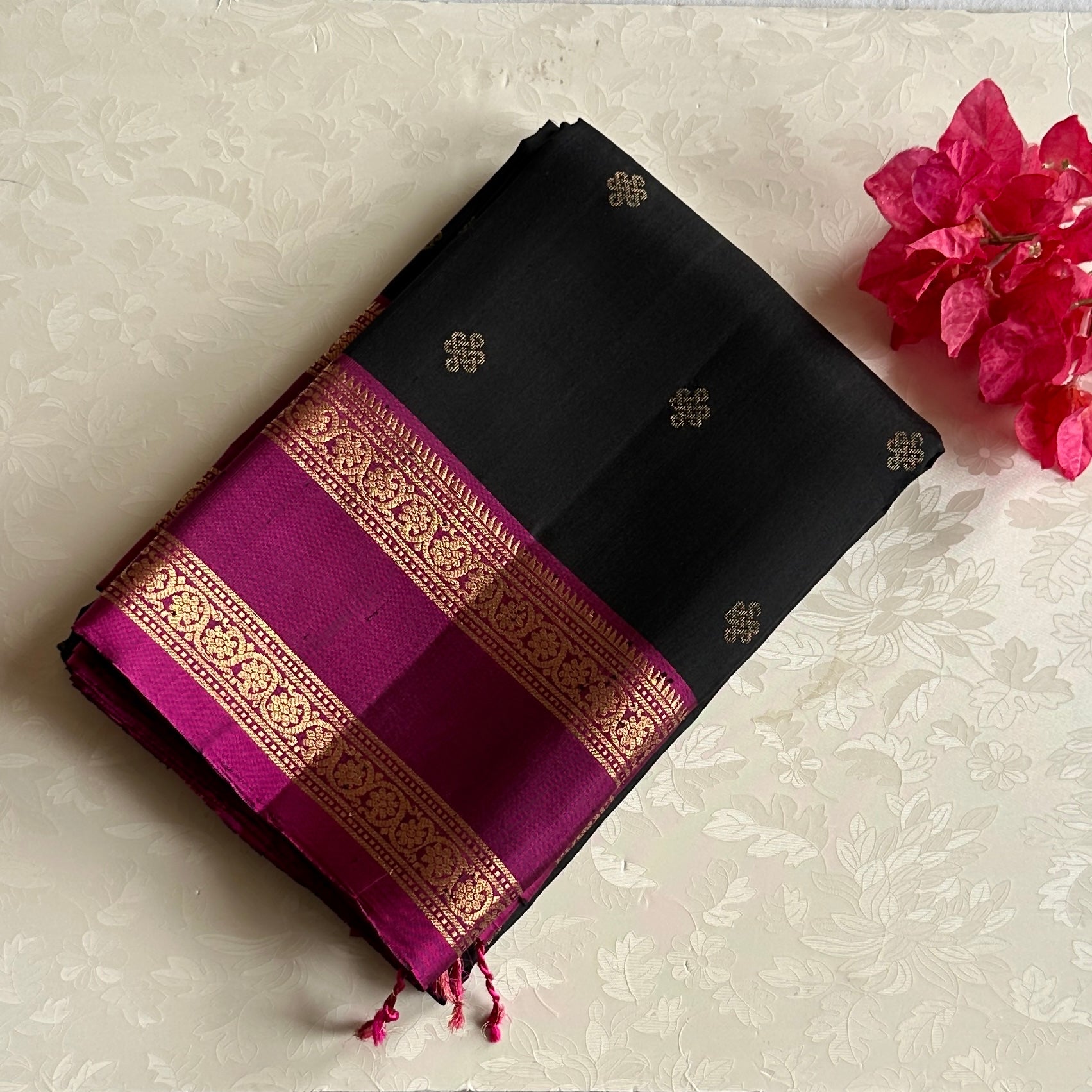 Stunner Black with magenta retta petta borders designer pure silk