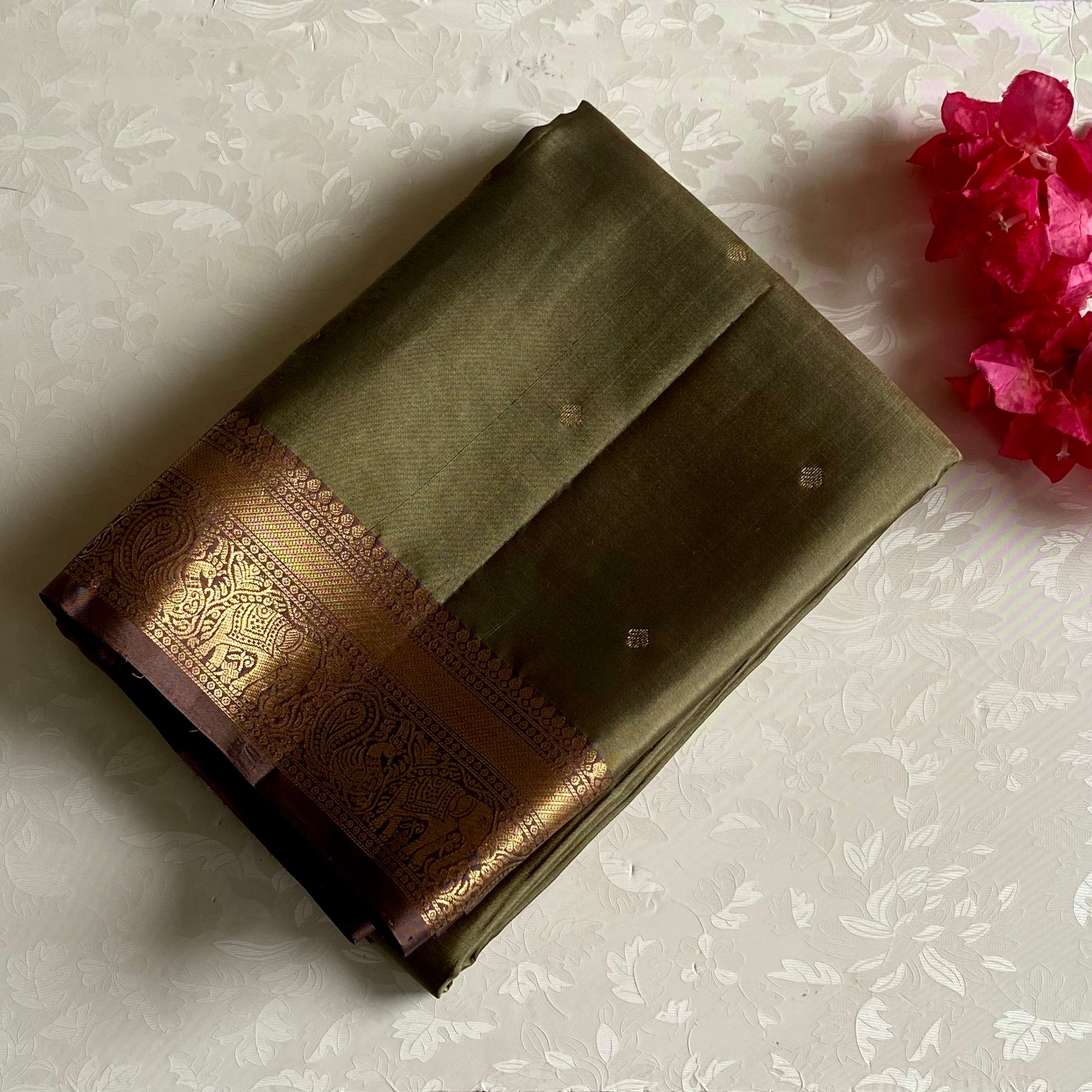 Sage Green Designer Pure Silk Saree With Metallic Brown Pallu