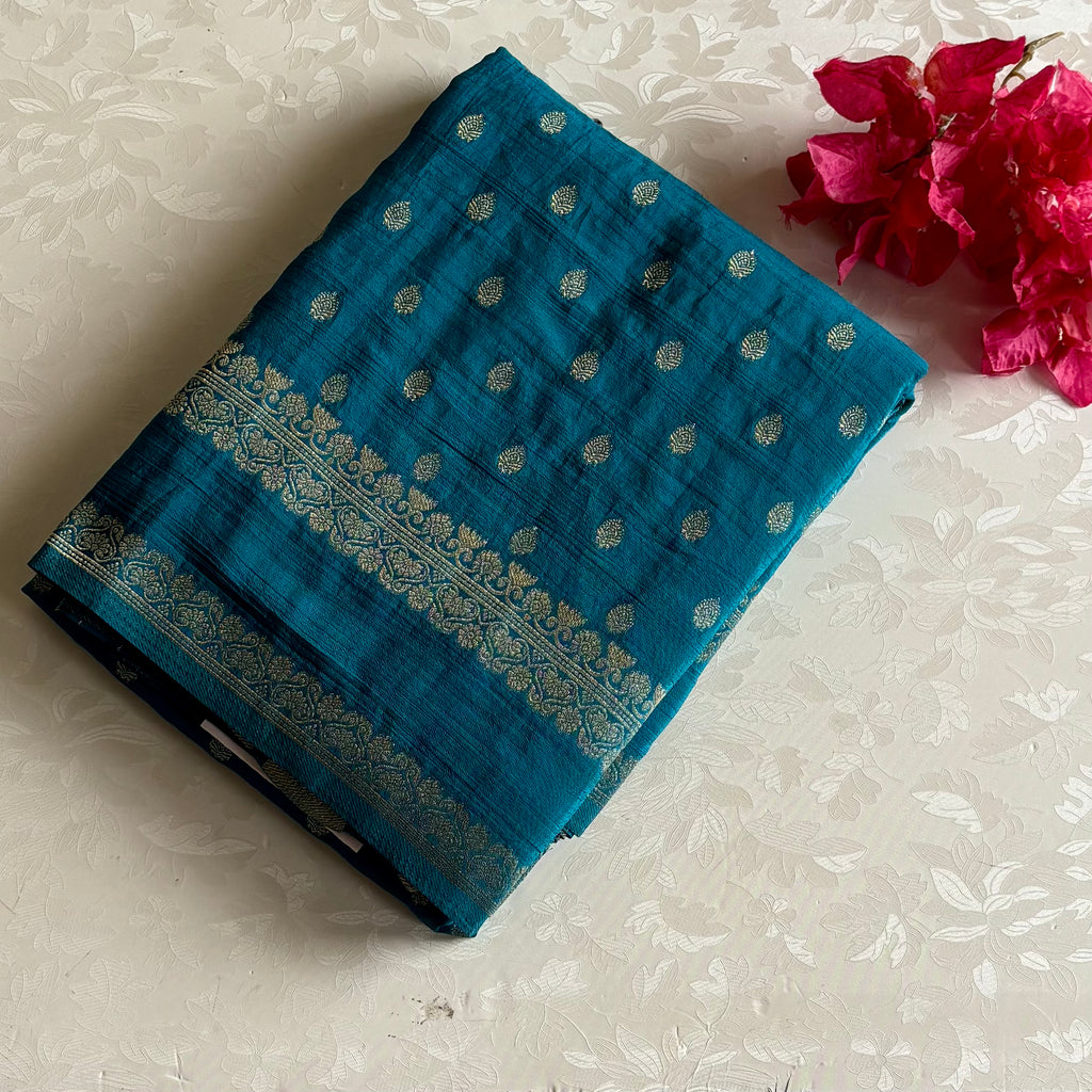 Turquoise Blue Soft Tussar Silk Saree With Metallic Gold Brocade Pallu