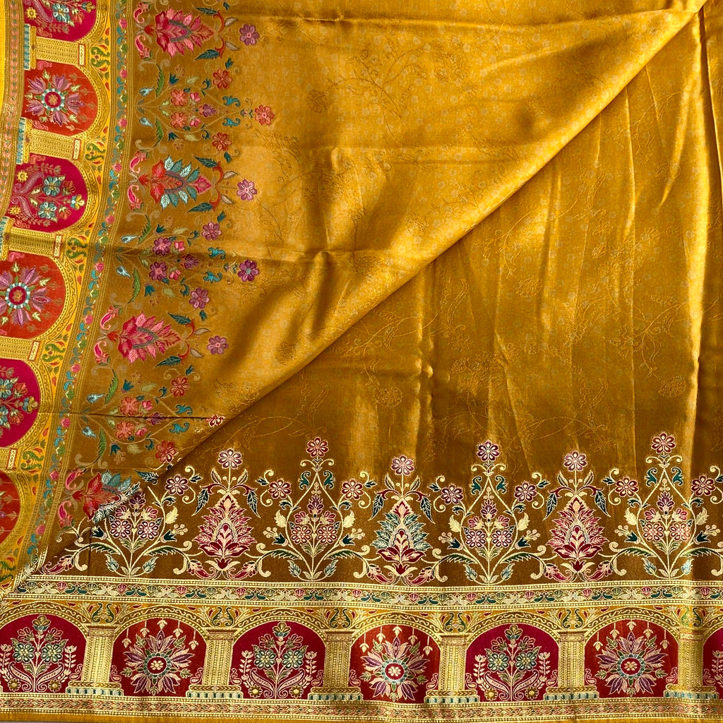 Mustard Gold Meenakari Soft Tussar Silk Saree With Deep Magenta Pallu And Temple Border