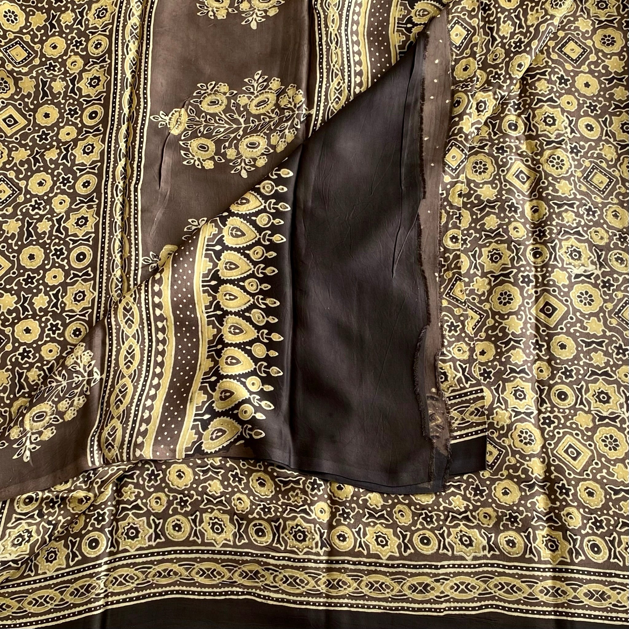 Beige Brown Ajrak Silk Saree With Mustard Yellow Prints