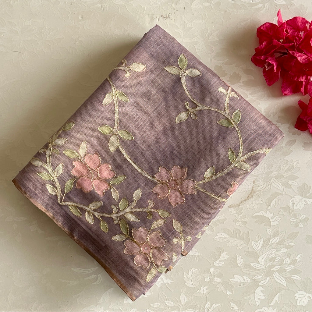 Light Lavender Floral Embroidered Saree with Gold Border Lightweight Elegant Occasion Wear