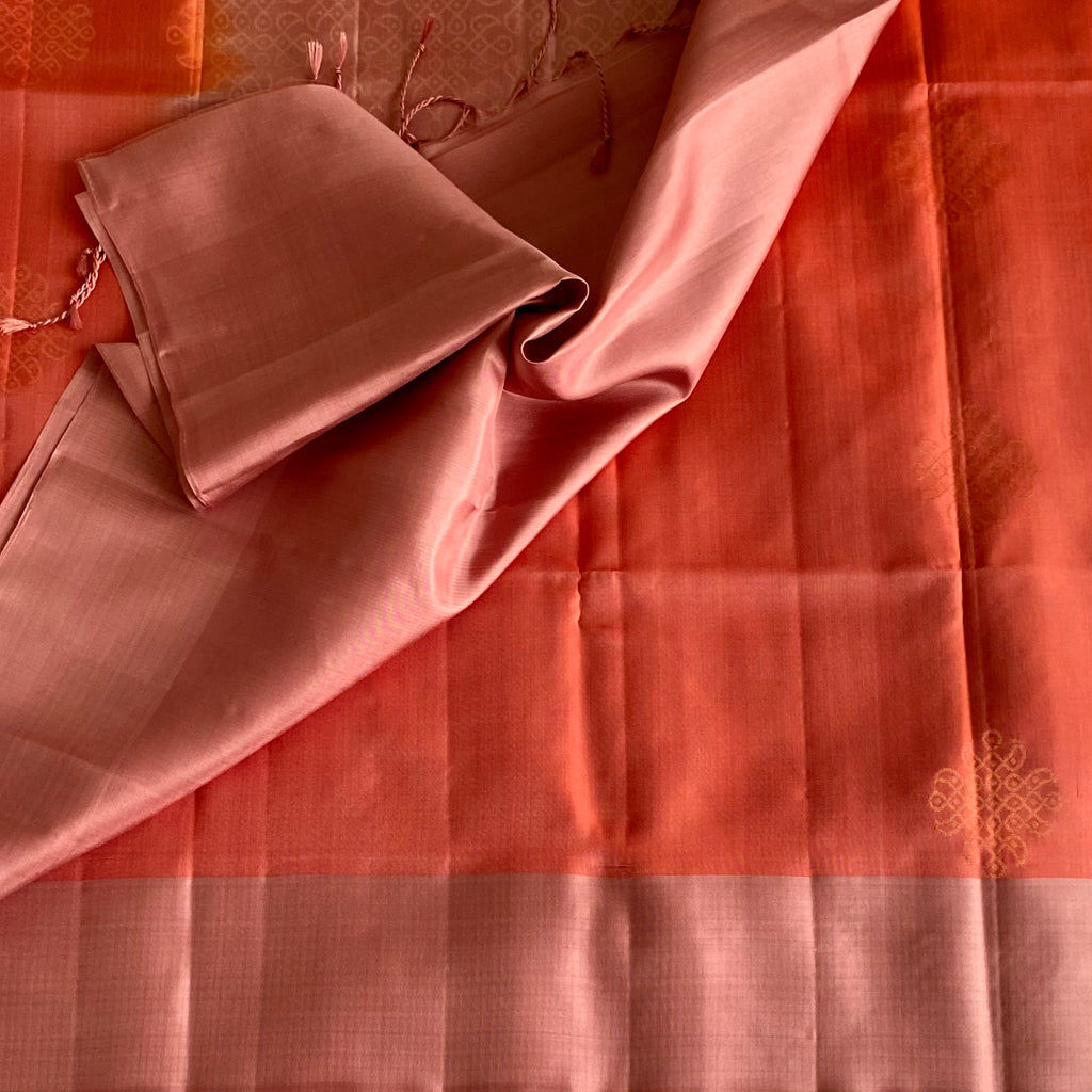 Dusty Rose Designer Pure Silk Saree With Coral Red Pallu