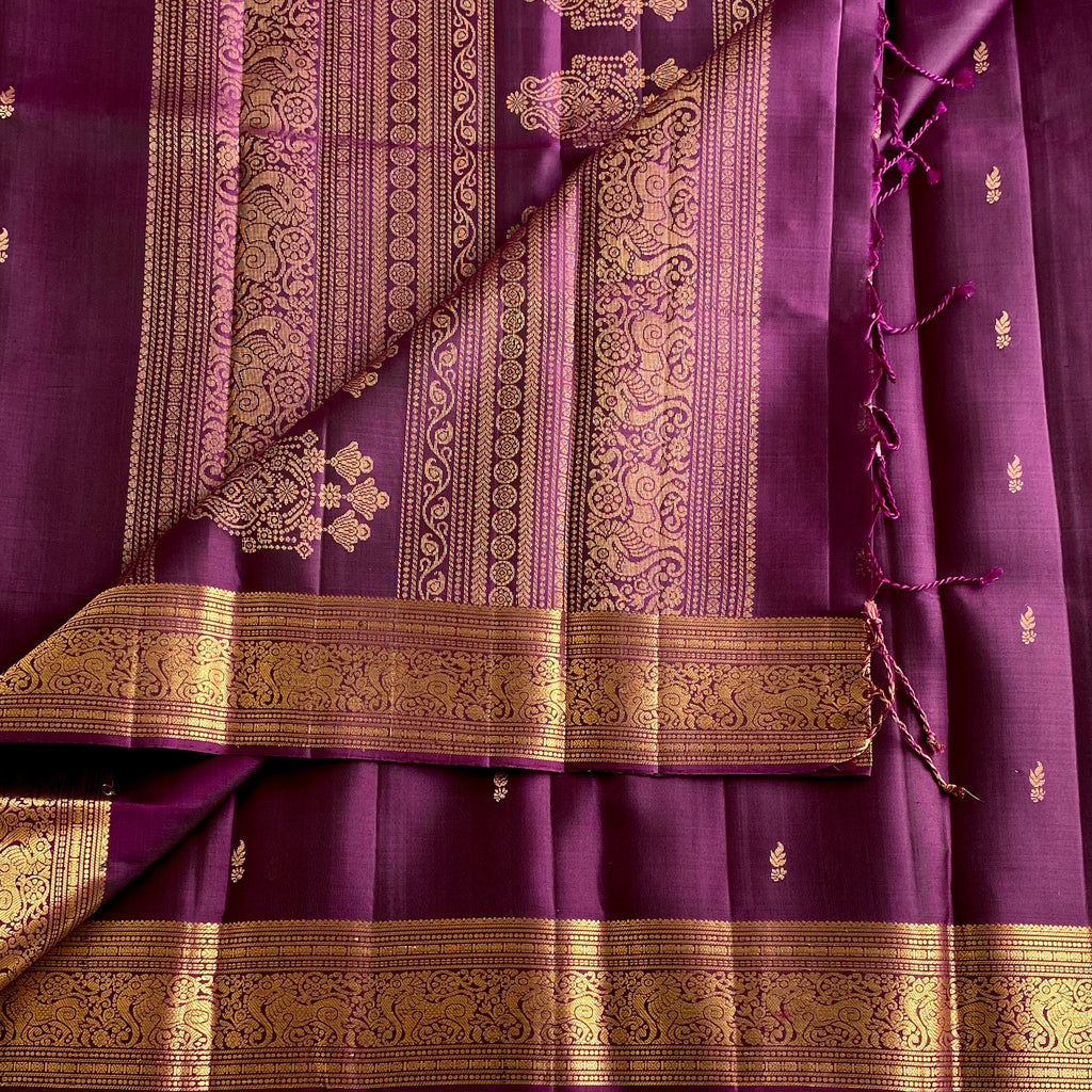 Deep Plum Purple Designer Pure Silk Saree With Antique Gold Pallu