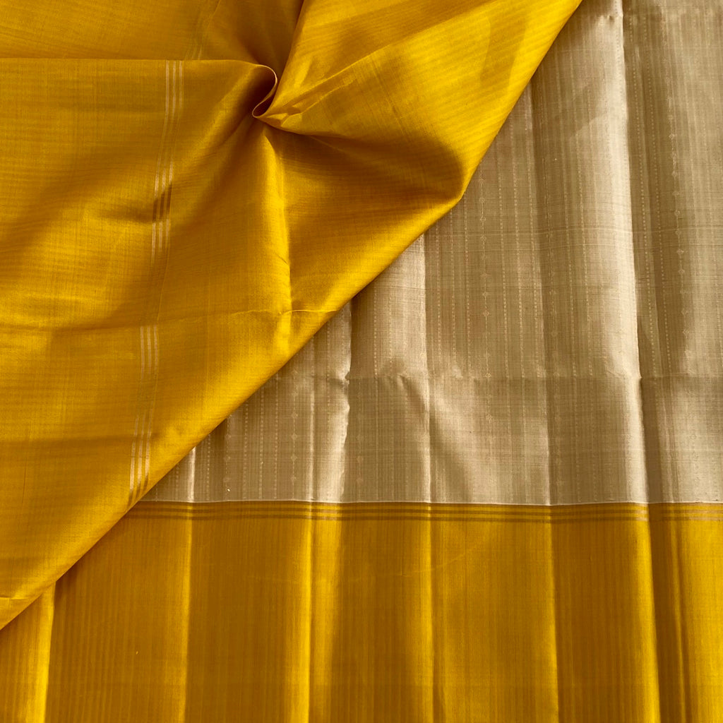 Rich Champagne Beige Designer Pure Silk Saree With Mango Yellow