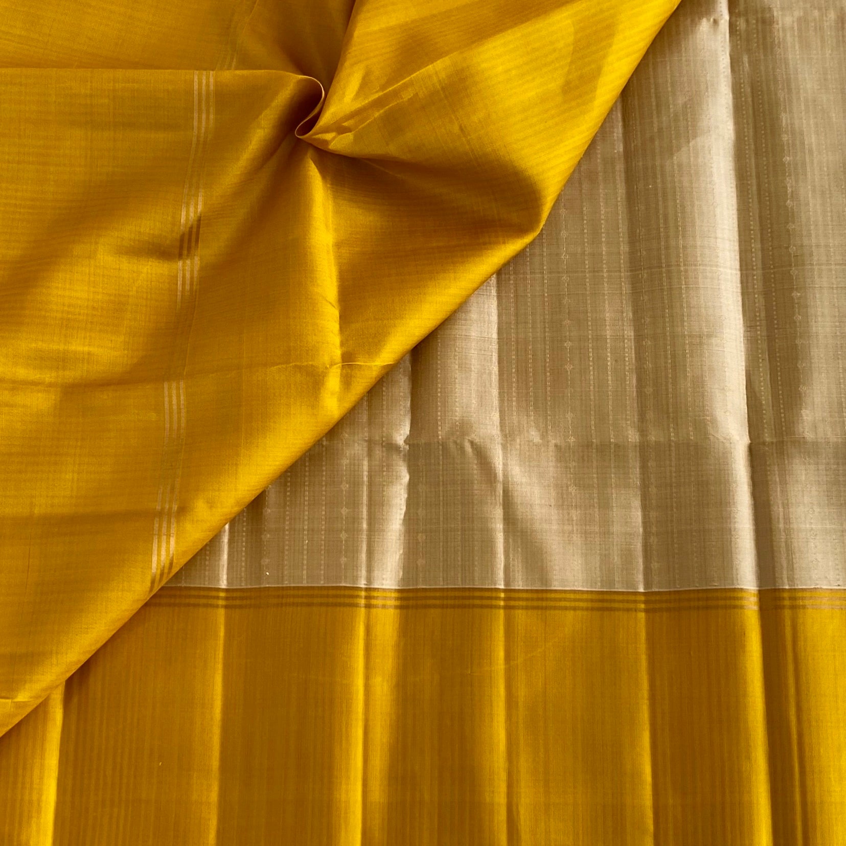 Rich Champagne Beige Designer Pure Silk Saree With Mango Yellow