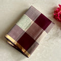 Cream Beige Designer Pure Silk Saree With Deep Maroon Checks