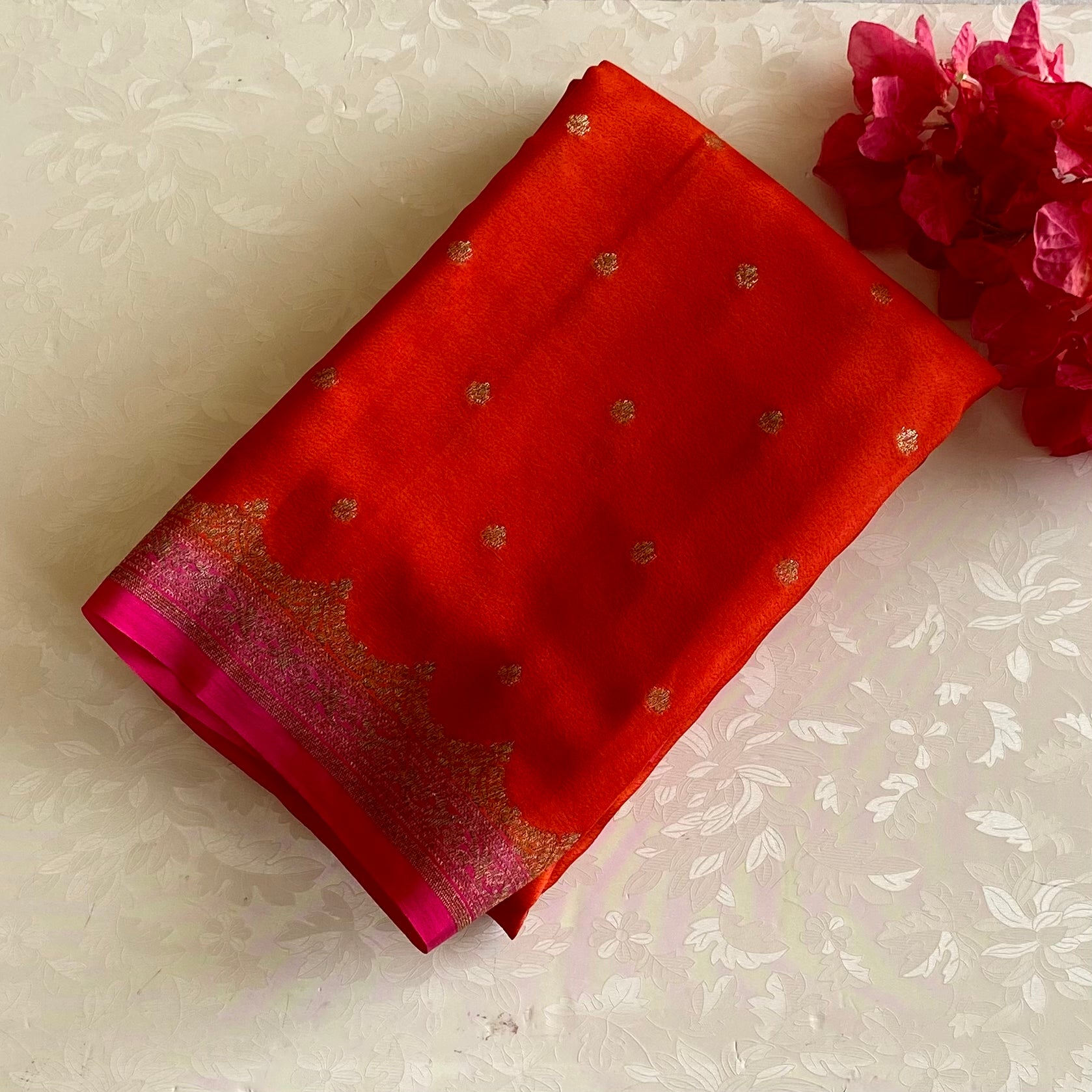 Tangerine Orange Banarasi Crepe Silk Saree With Rani Pink Pallu
