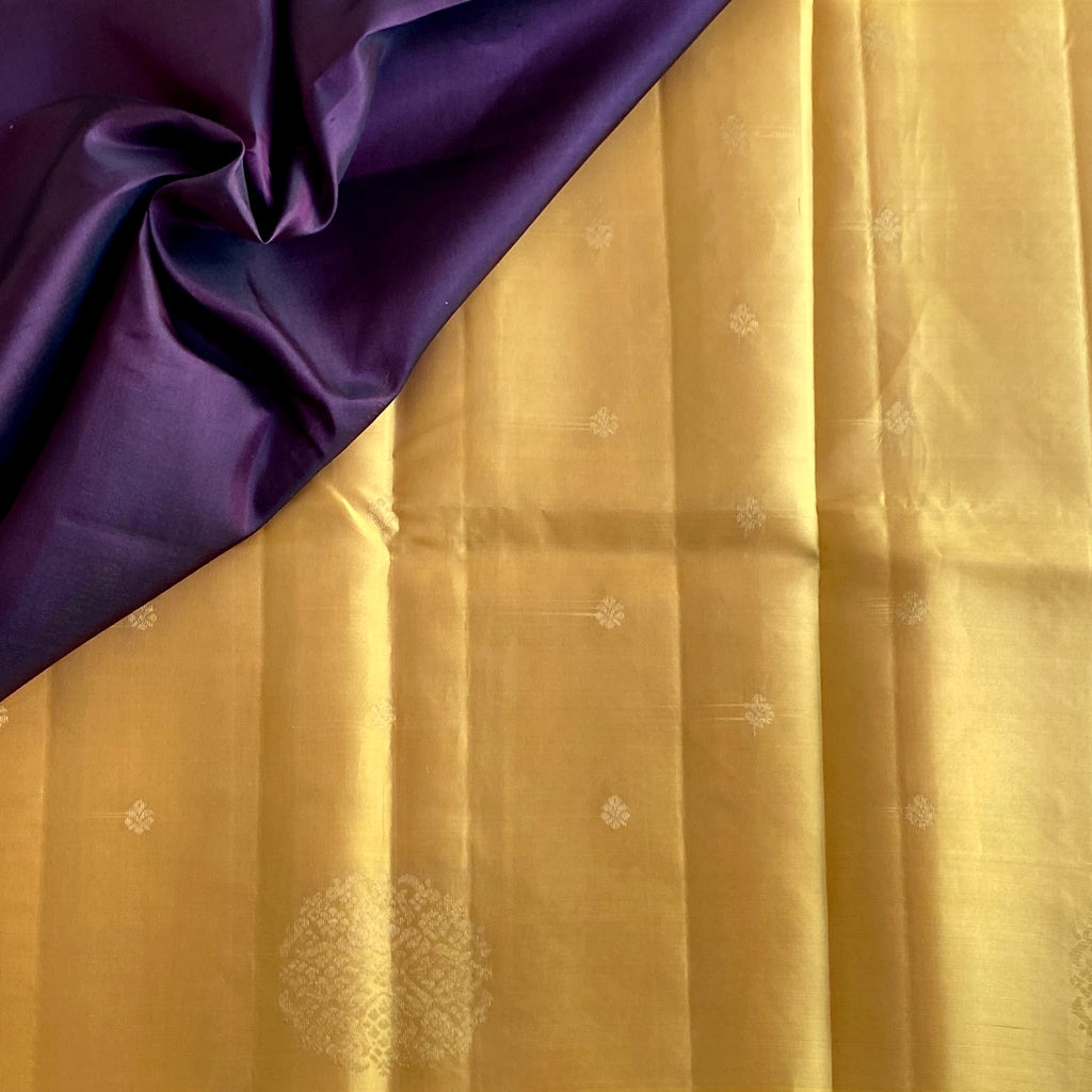 Pastel Golden Yellow Designer Pure Silk Saree With Deep Plum Purple Pallu