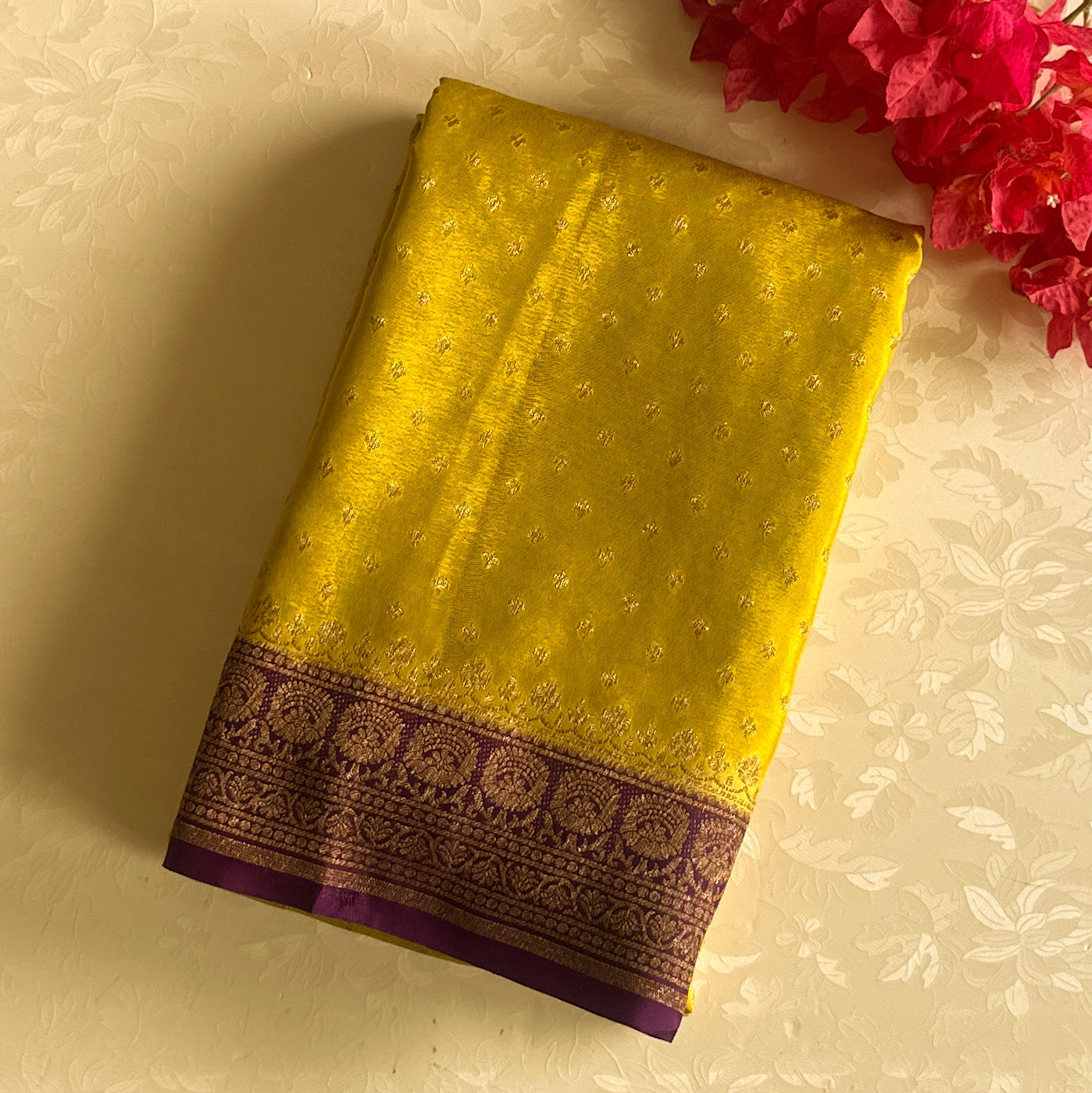 Lime greenish yellow with dark purple Banarasi soft crepe silk