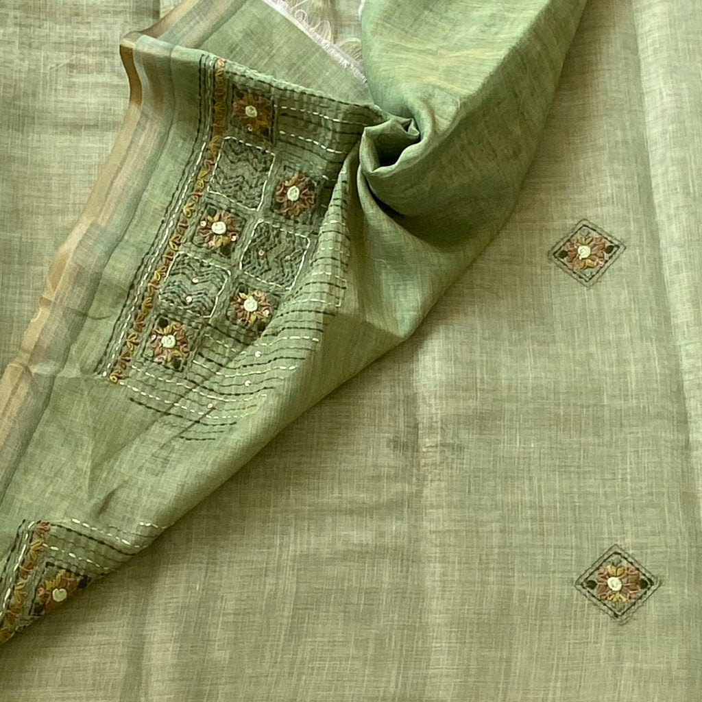 Taupe Linen Saree Sage Green Embroidered Pallu Peach Border Floral