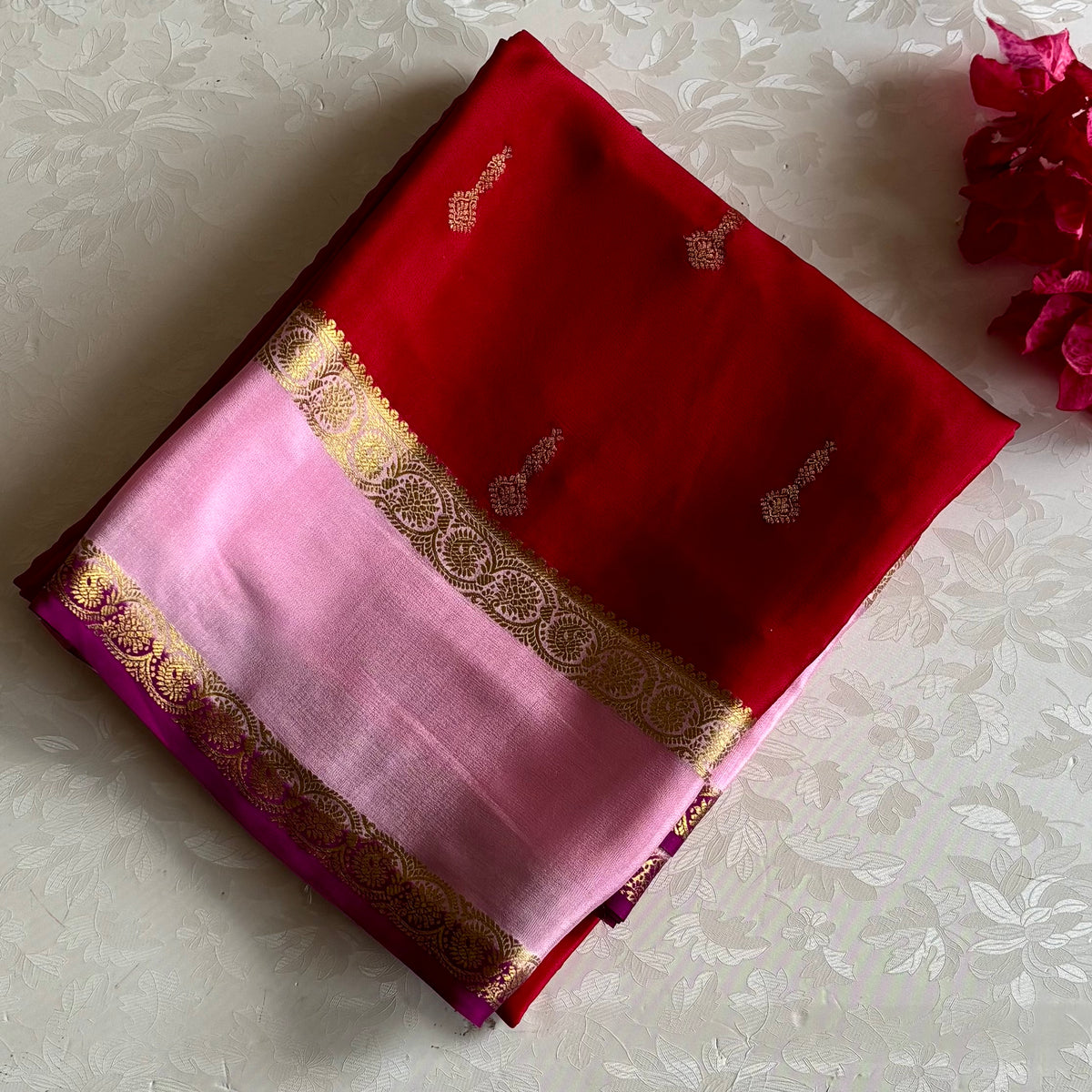 Royal Red Mysore Crepe Silk Saree With Powder Pink Pallu Gold Border
