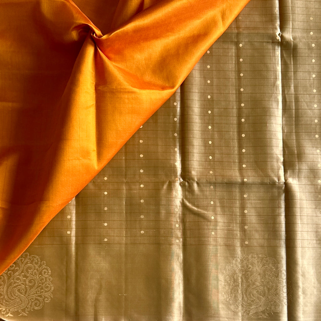 Saffron Orange Silk Saree Champagne Gold Paisley Brocade Wedding