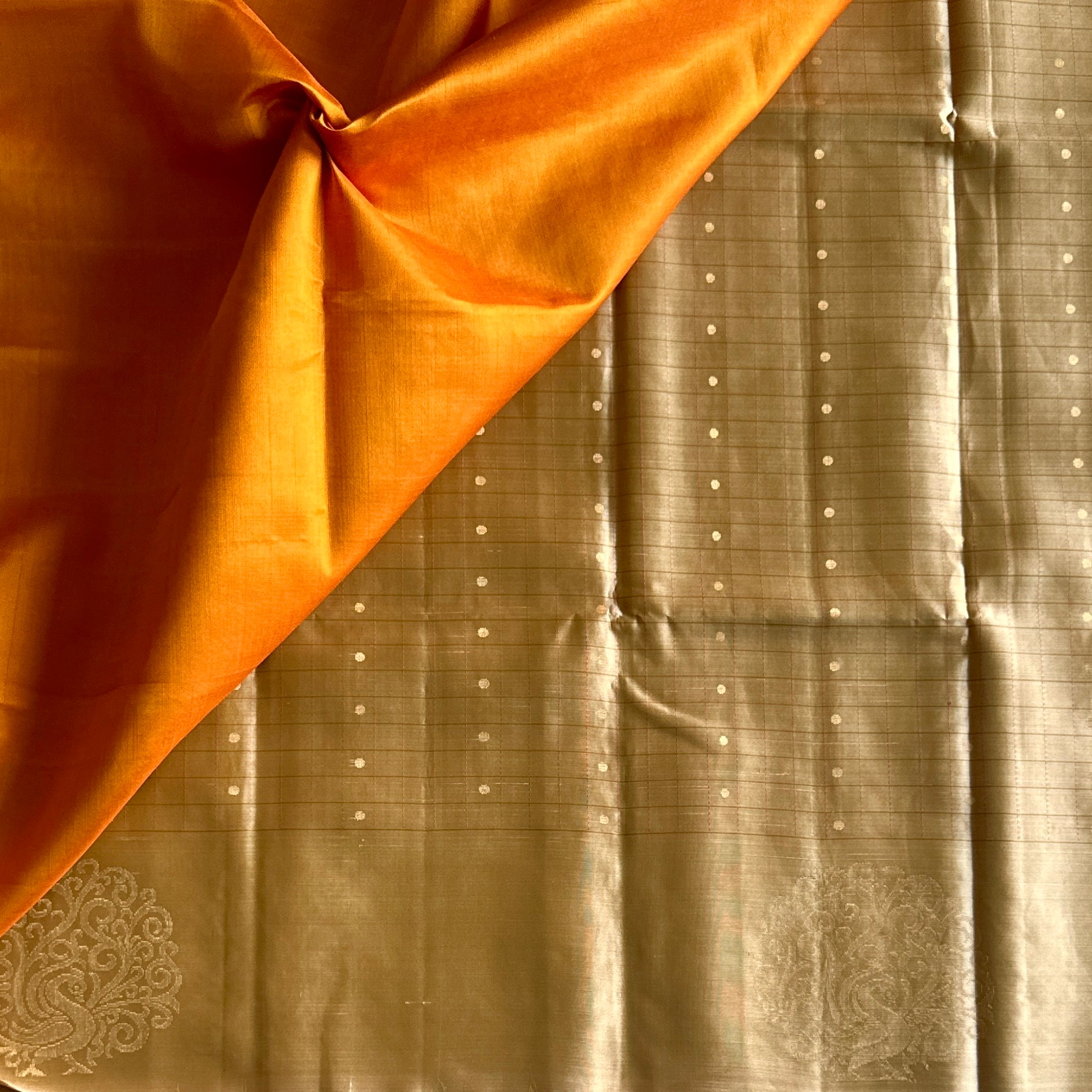 Saffron Orange Silk Saree Champagne Gold Paisley Brocade Wedding