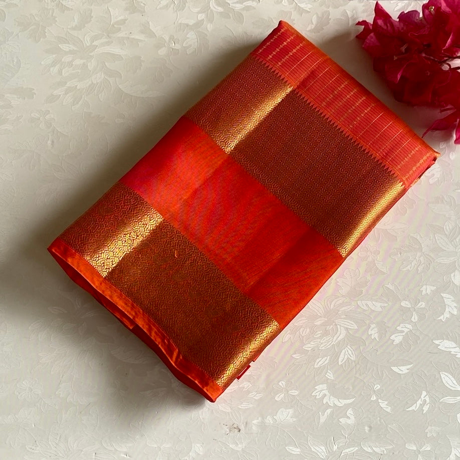 Kanakambari Orange Designer Pure Silk With Retta Pett Borders