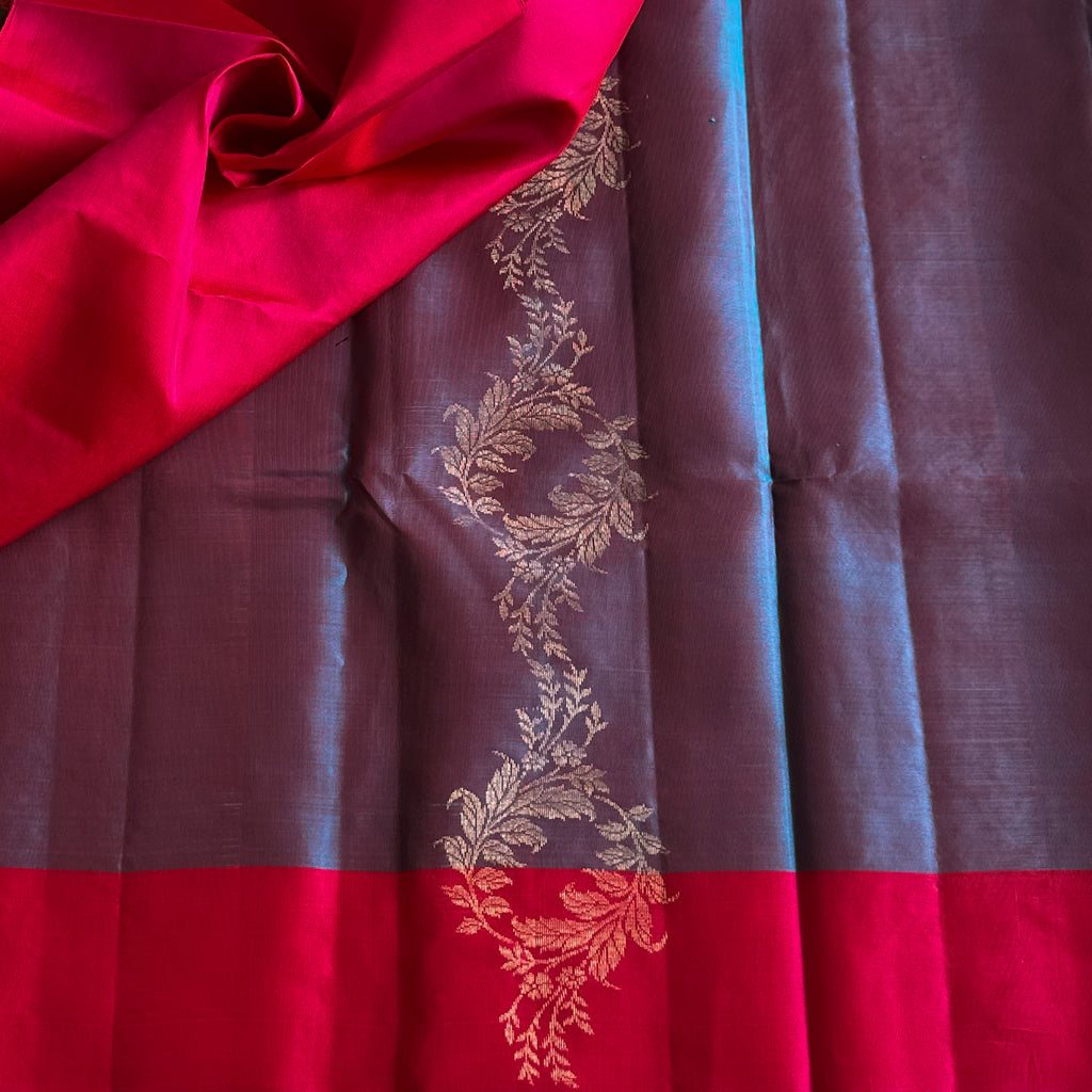 Fuchsia Blue Silk Saree Gold Zari Floral Motif Traditional Elegant