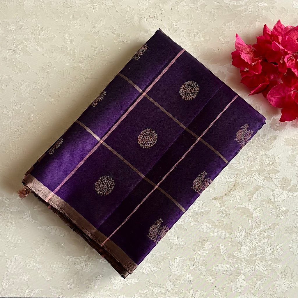 Deep Purple And Peach Pink Designer Pure Silk Saree With Gold Buttas