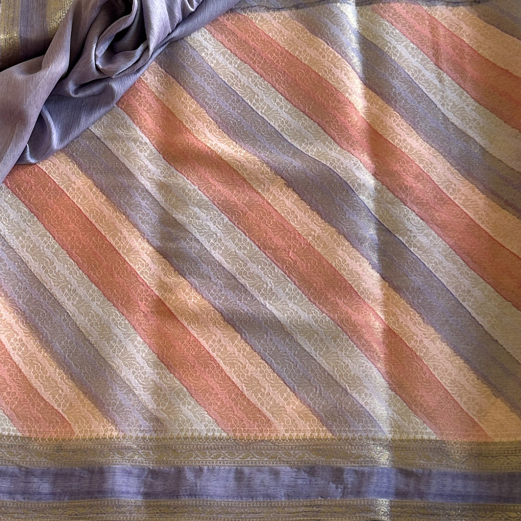 Elegant Coral Peach Lavender Striped Saree With Gold Zari Panel