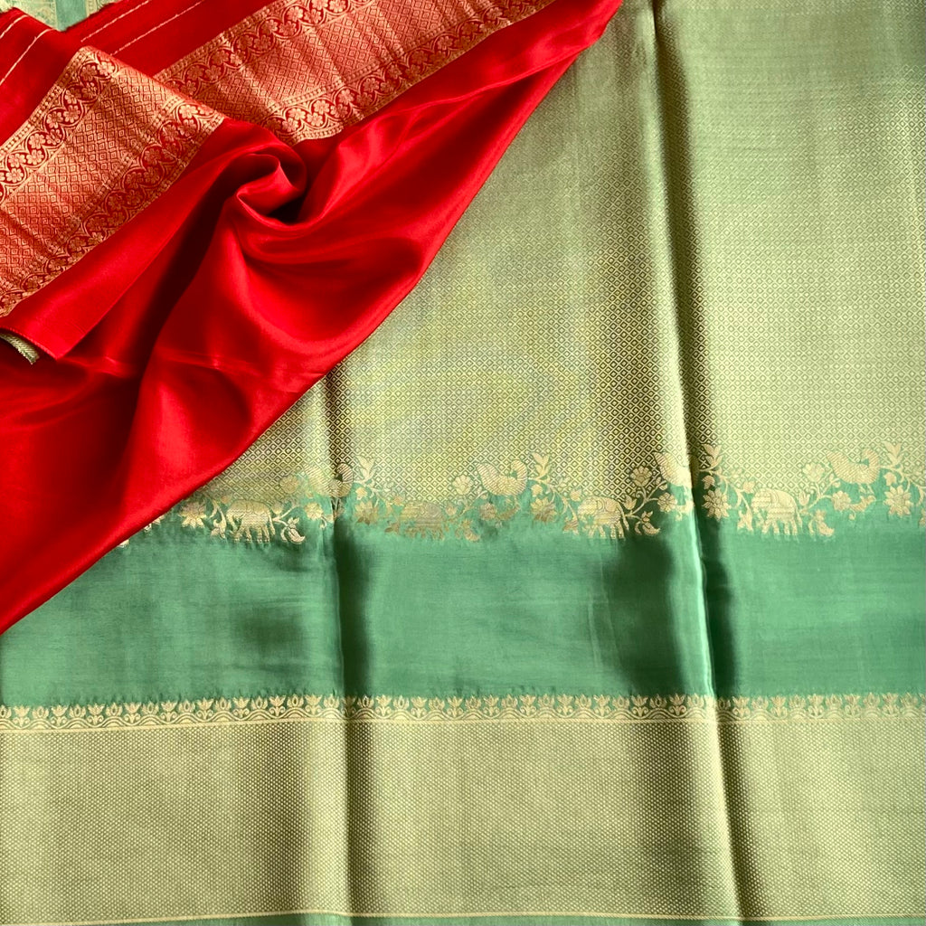 Teal Green Soft Crepe Silk Saree With Antique Gold Border Panels