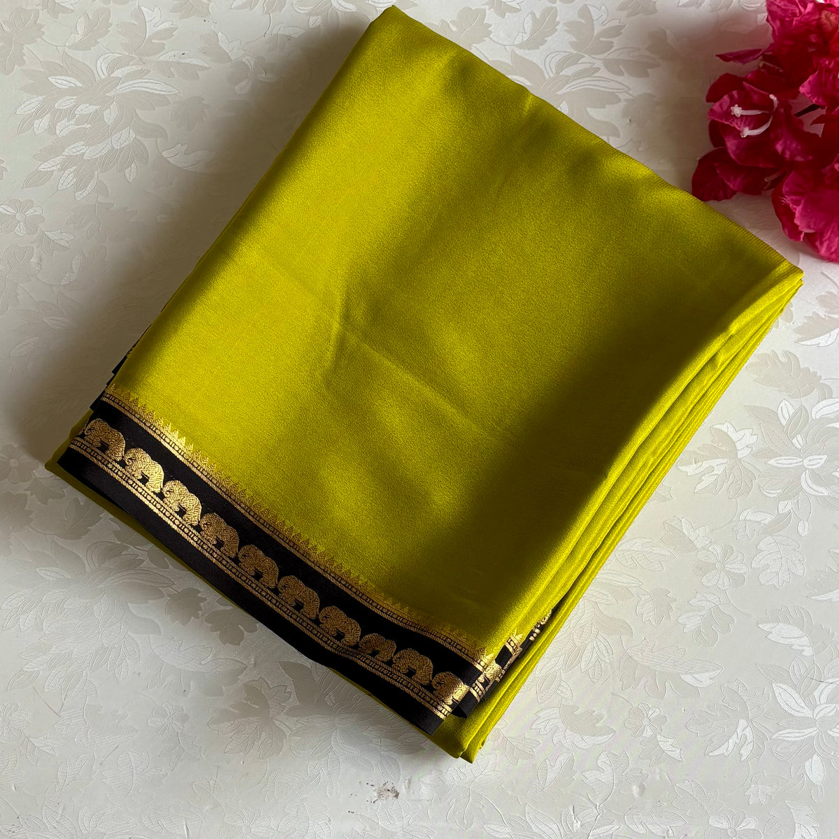 Chartreuse Green Mysore Crepe Silk Saree With Charcoal Black Elephant Border