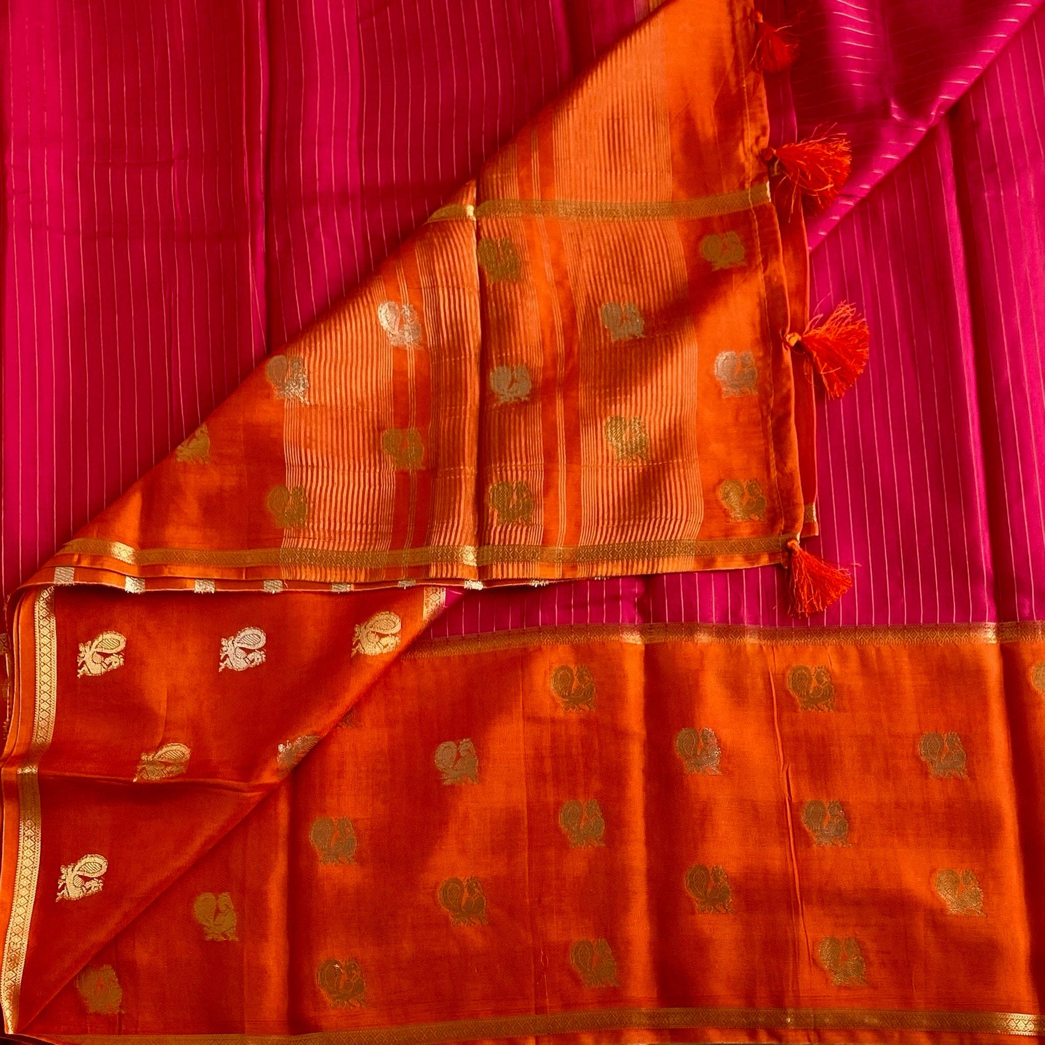 Rani Pink Soft Crepe Silk with Peacock Borders in Sunset Orange Contrast