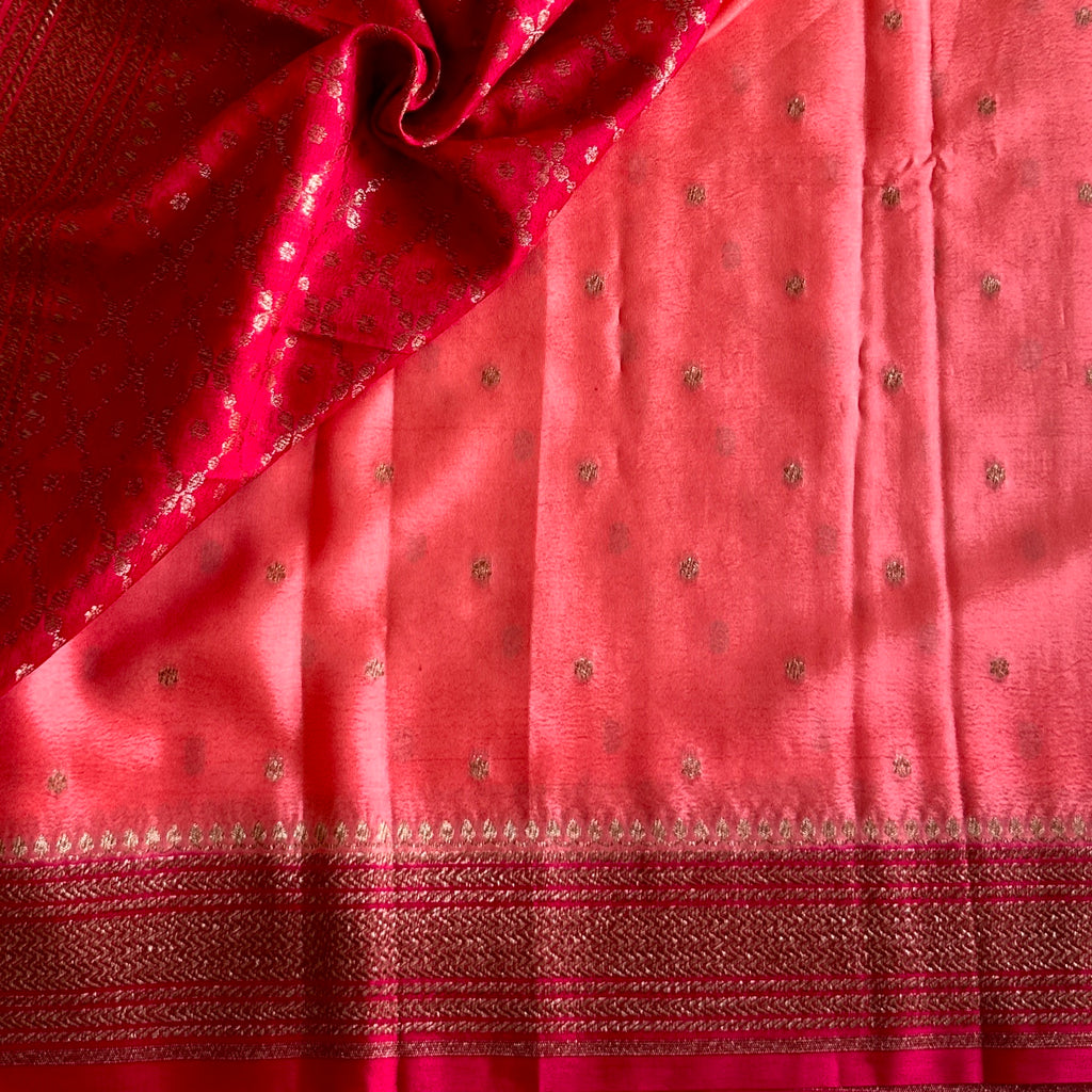 Coral Peach with Stunner Tomato Pink Banarasi Crepe Silk