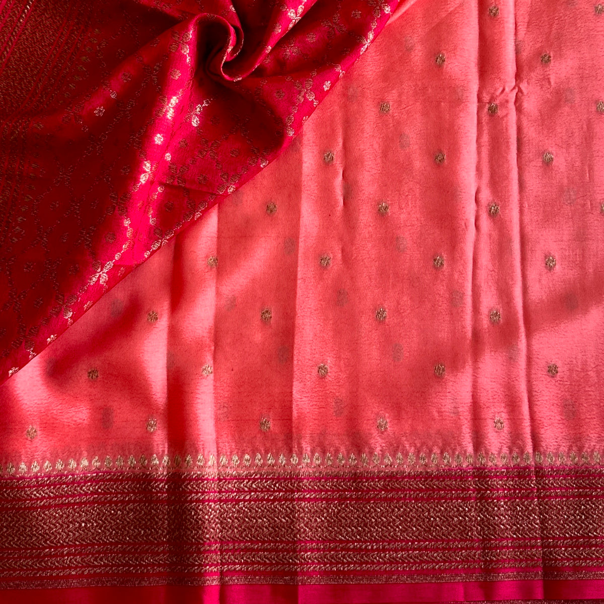 Coral Peach with Stunner Tomato Pink Banarasi Crepe Silk