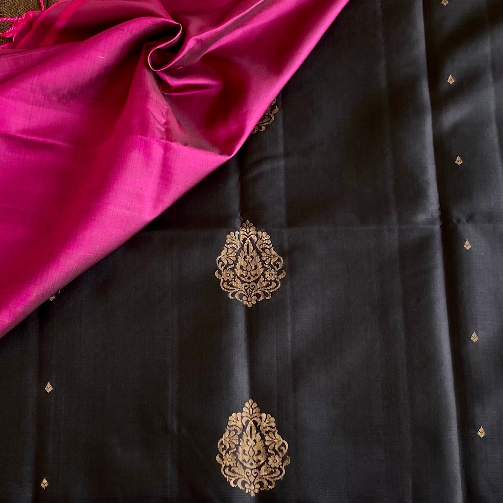 Jet Black Designer Pure Silk Saree With Rani Pink Pallu