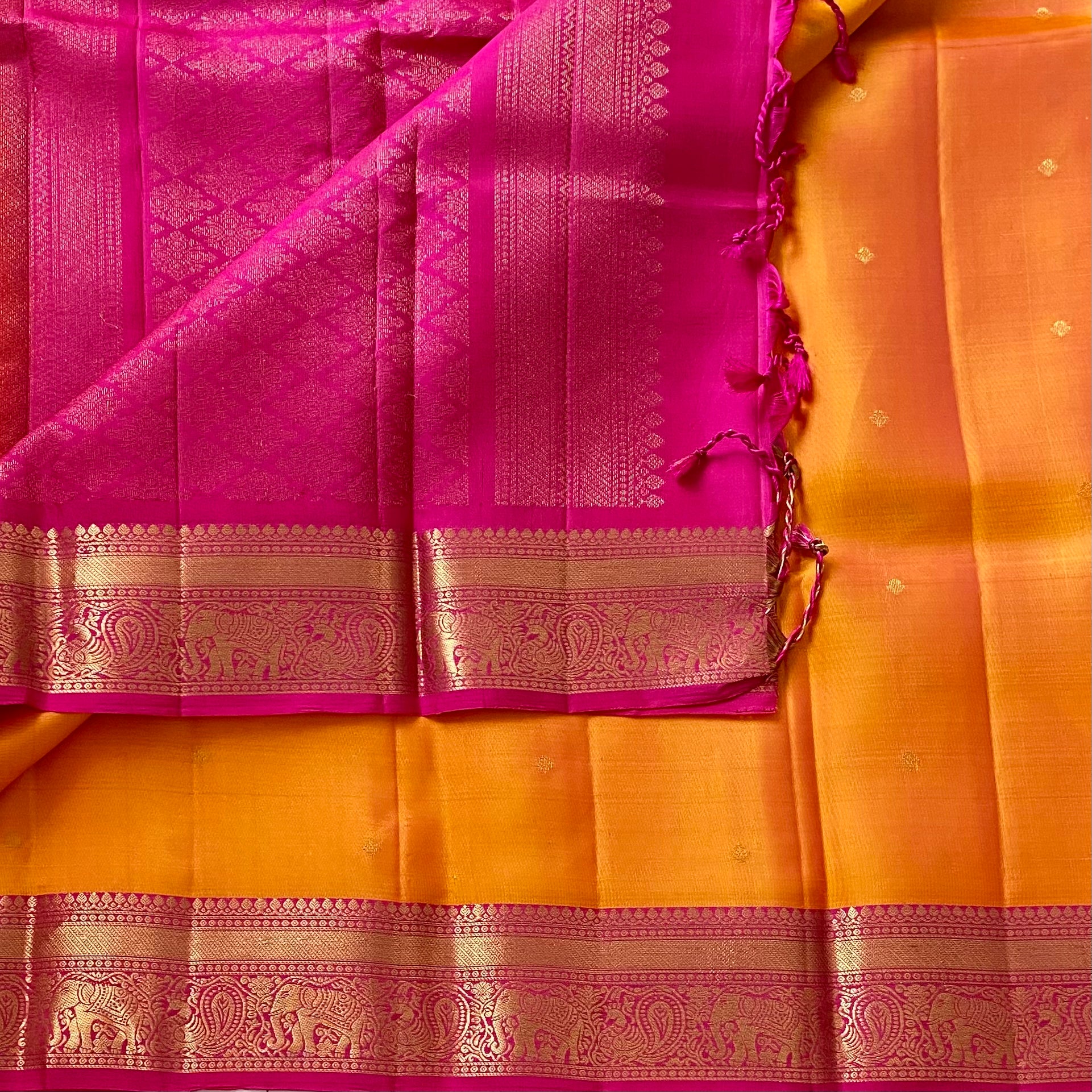 Marigold Orange Designer Pure Silk Saree Fuchsia Pink Zari Border Contrast Pallu