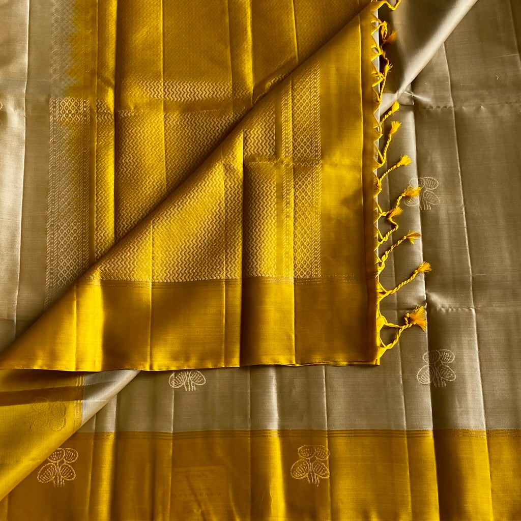 Soft Beige Designer Pure Silk Saree With Mustard Yellow Pallu