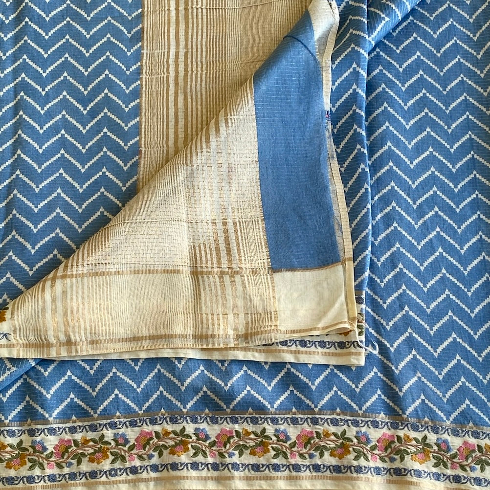 Sky Blue Soft Tussar Silk Saree With Cream Beige Pallu