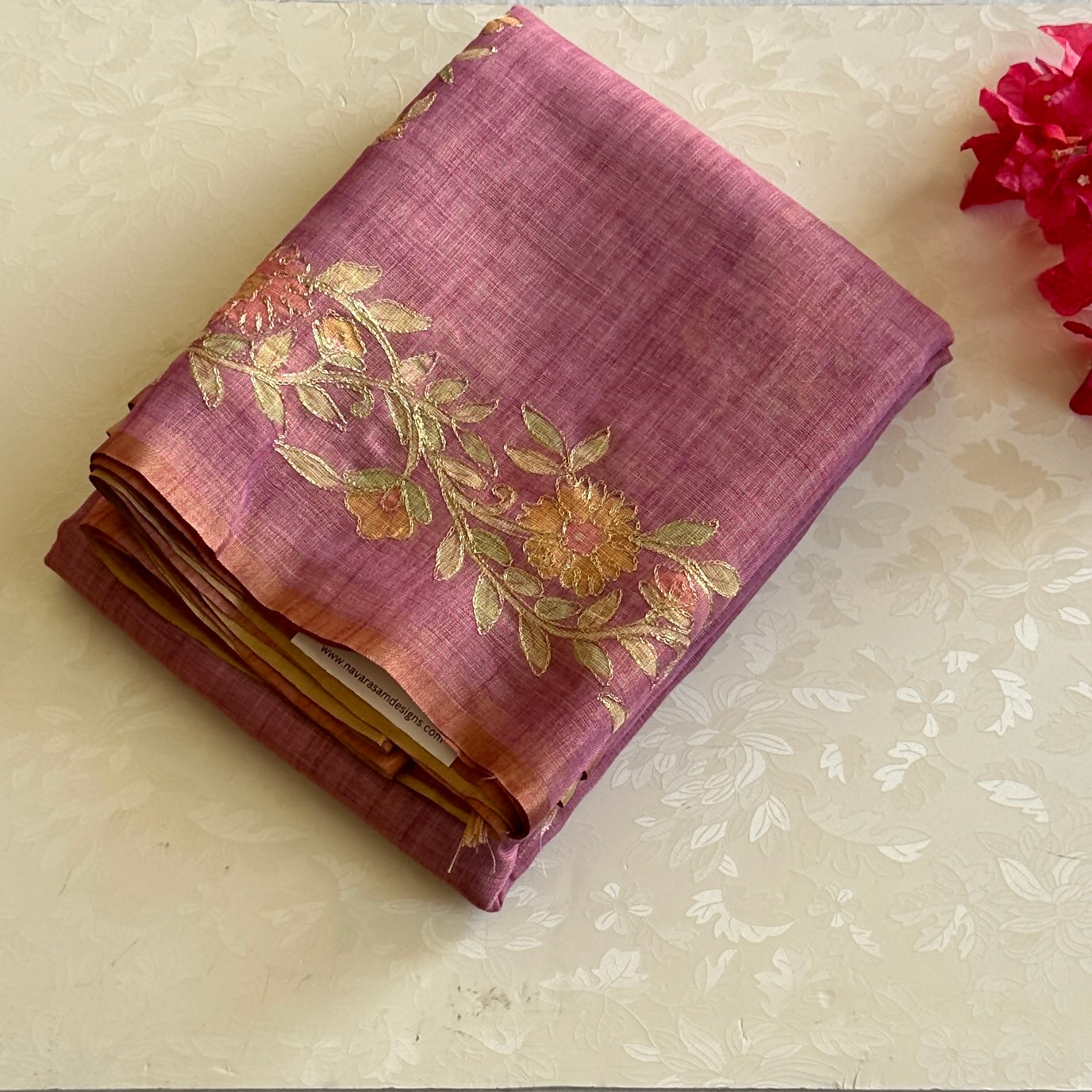Elegant Rose Mauve Floral Embroidered Saree with Gold Border Tassels