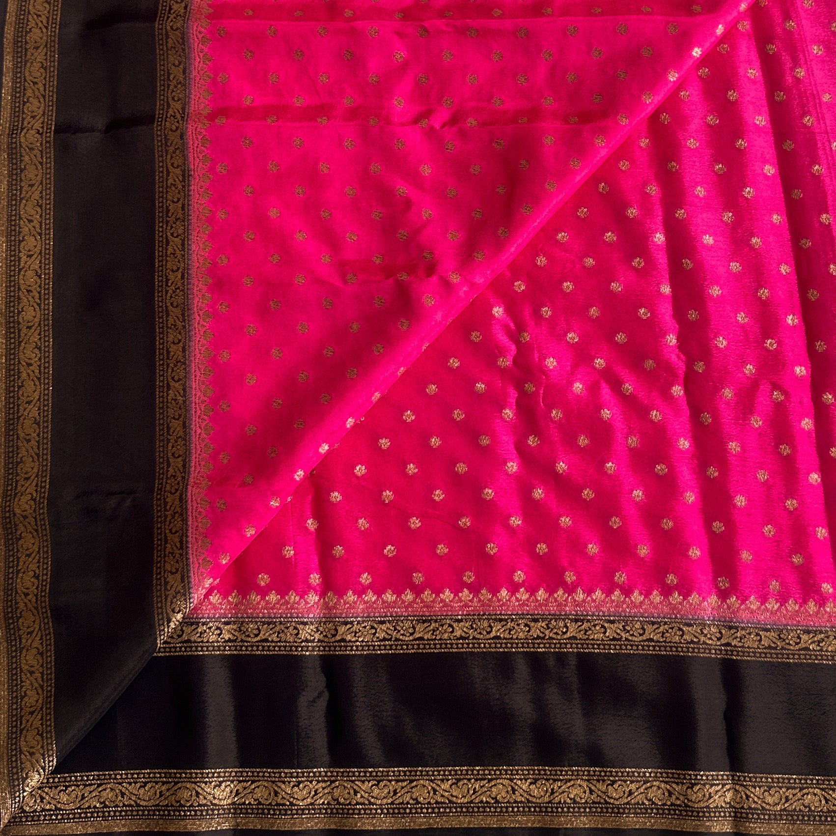Magenta Black Silk Saree Gold Brocade Contrast Border Wedding Saree