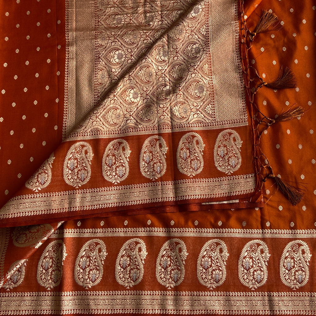 Rust Orange soft tussar with antique zari paisley weave
