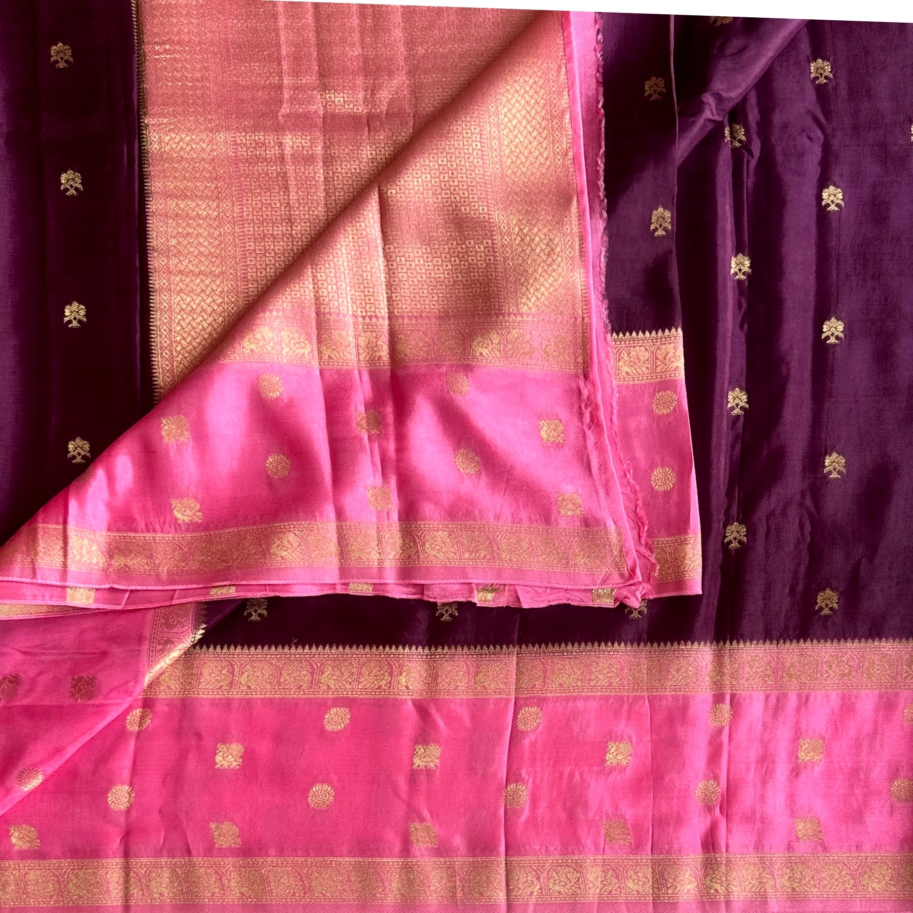 Fuchsia Plum Silk Saree Gold Woven Buti Contrast Border