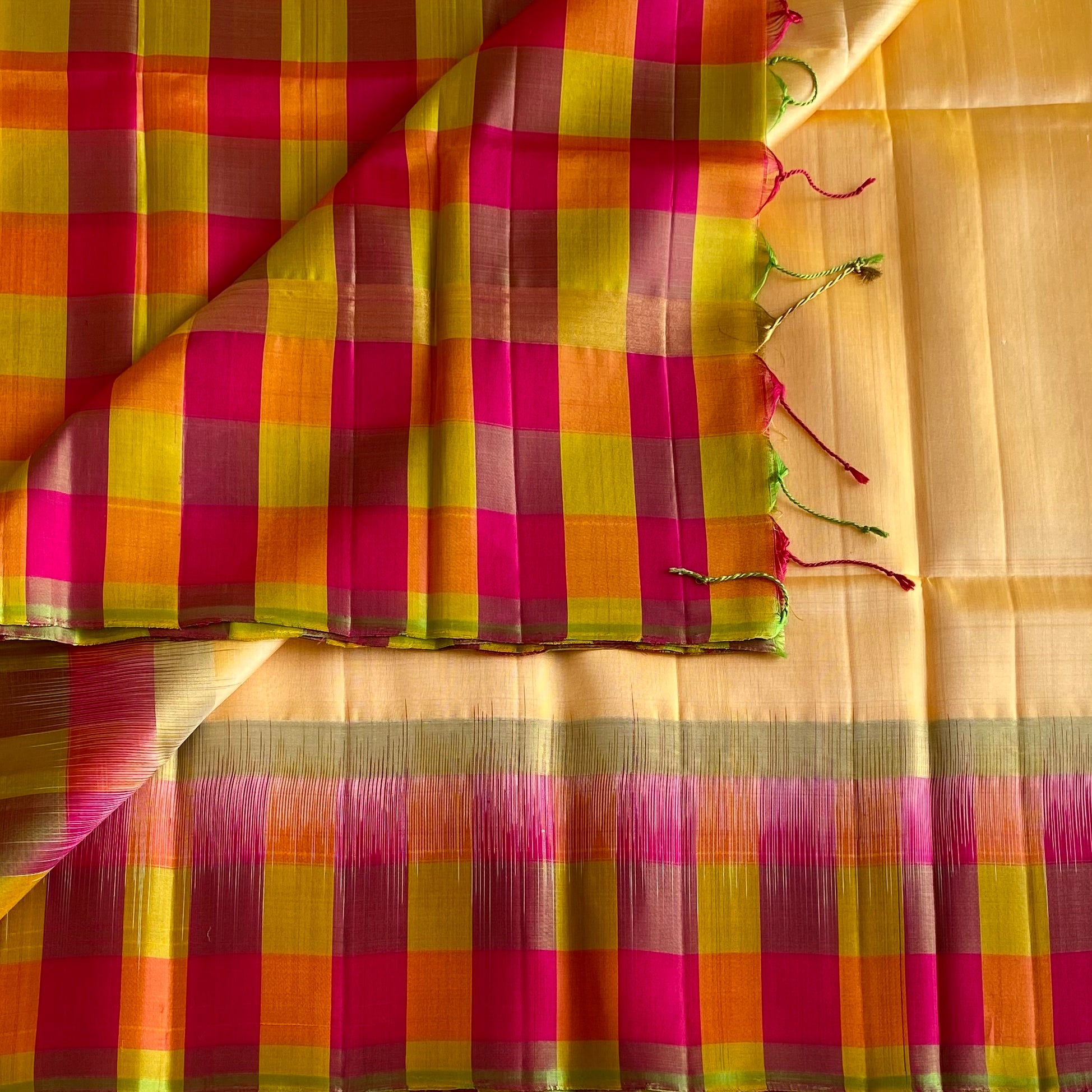 Light Gold Designer Pure Silk With Multi Colour Checkered Borders