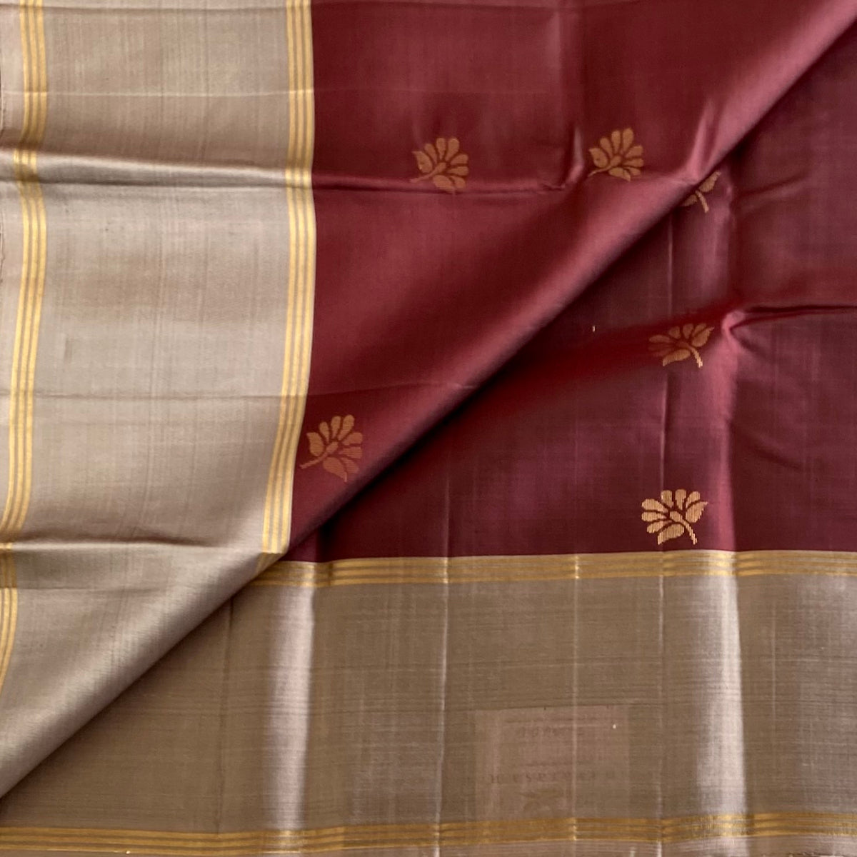 Burgundy Brown & Taupe Beige Designer Pure Silk Saree With Zari Border