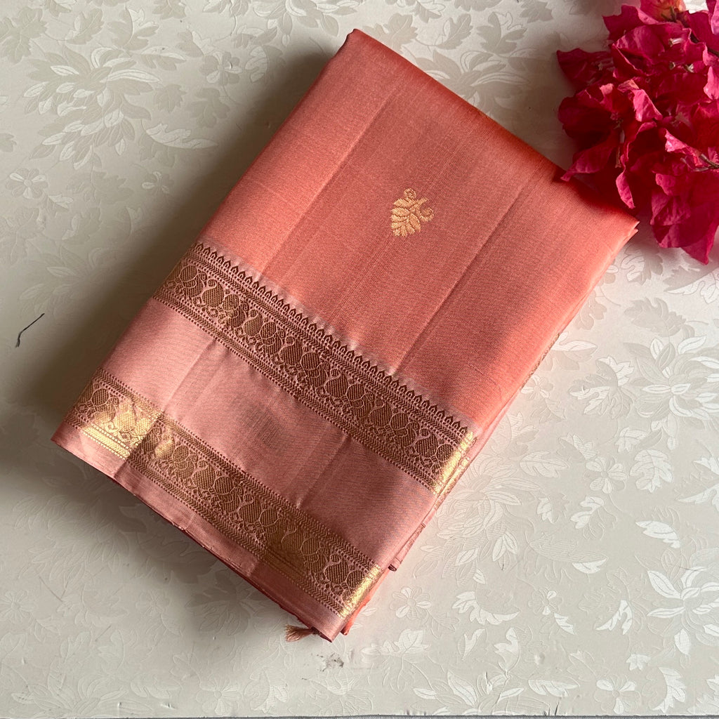 Peach Coral Designer Pure Silk With Dusty Rose Retta Petta Borders