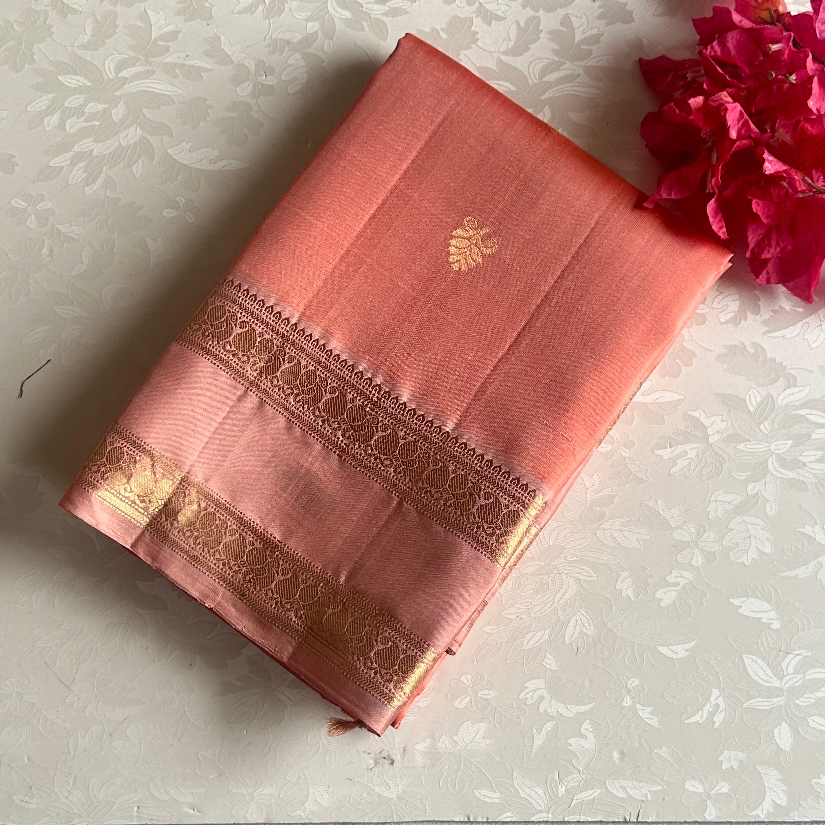 Peach Coral Designer Pure Silk With Dusty Rose Retta Petta Borders