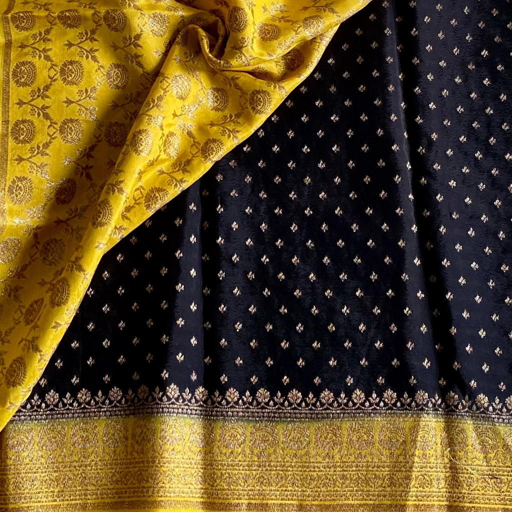 Jet Black Banarasi Crepe Silk with Golden Yellow Contrast