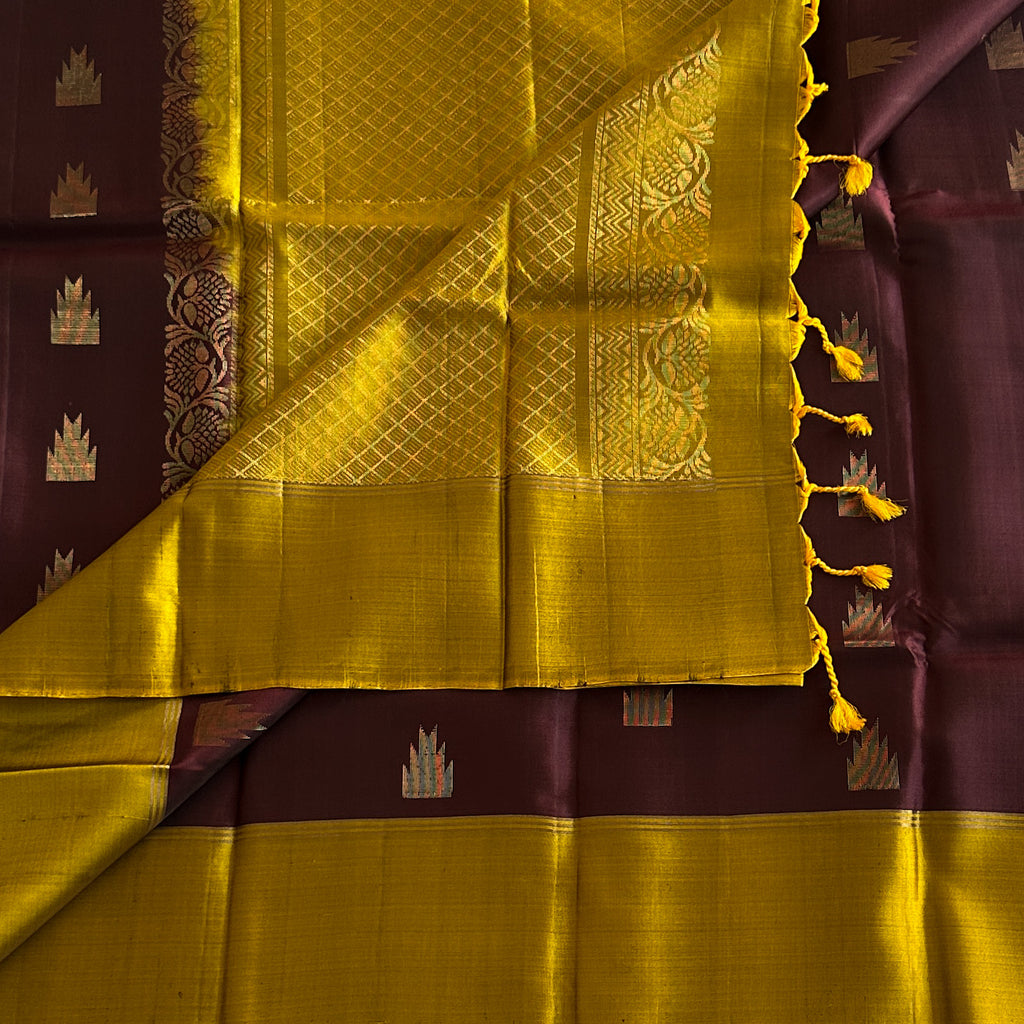 Mustard Maroon Silk Saree Gold Zari Diamond Lattice Festive Traditional