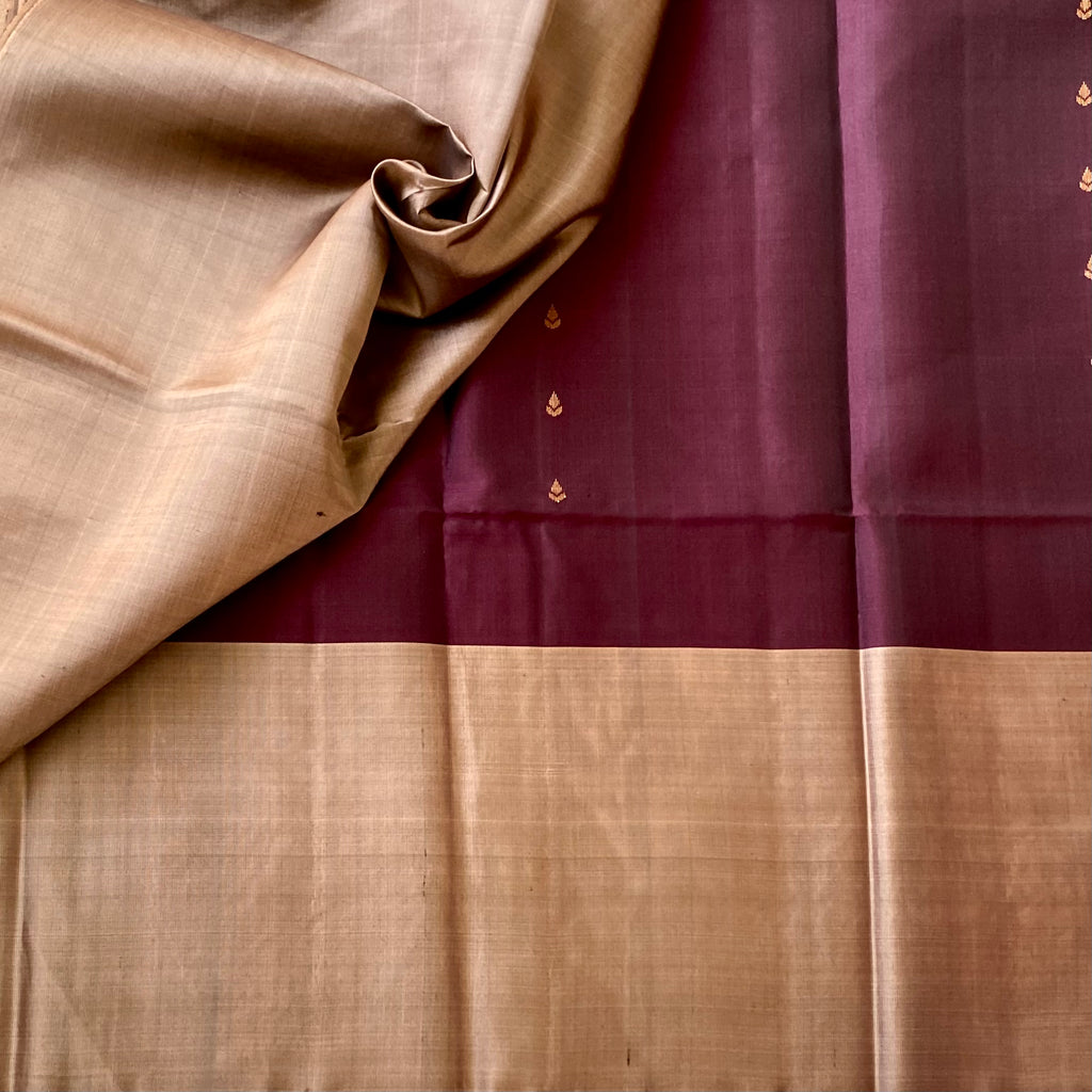 Burgundy Silk Saree with Rose Gold Brocade Pallu and Paisley